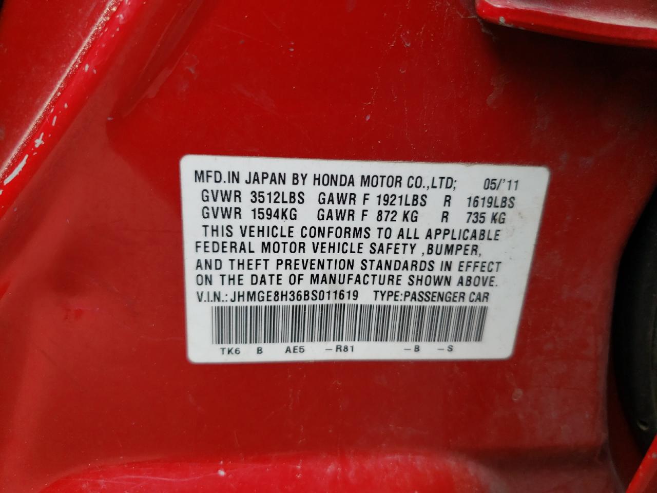 JHMGE8H36BS011619 2011 Honda Fit