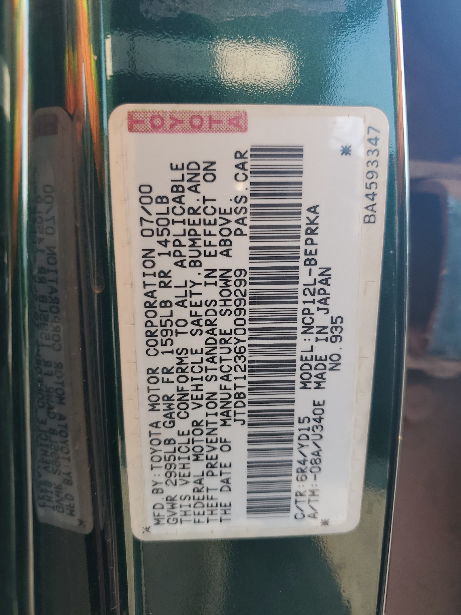 JTDBT1236Y0099299 2000 Toyota Echo