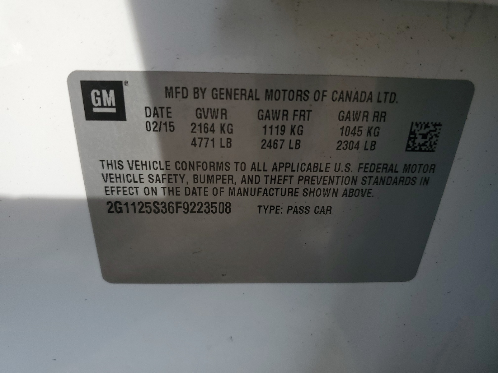 2G1125S36F9223508 2015 Chevrolet Impala Lt