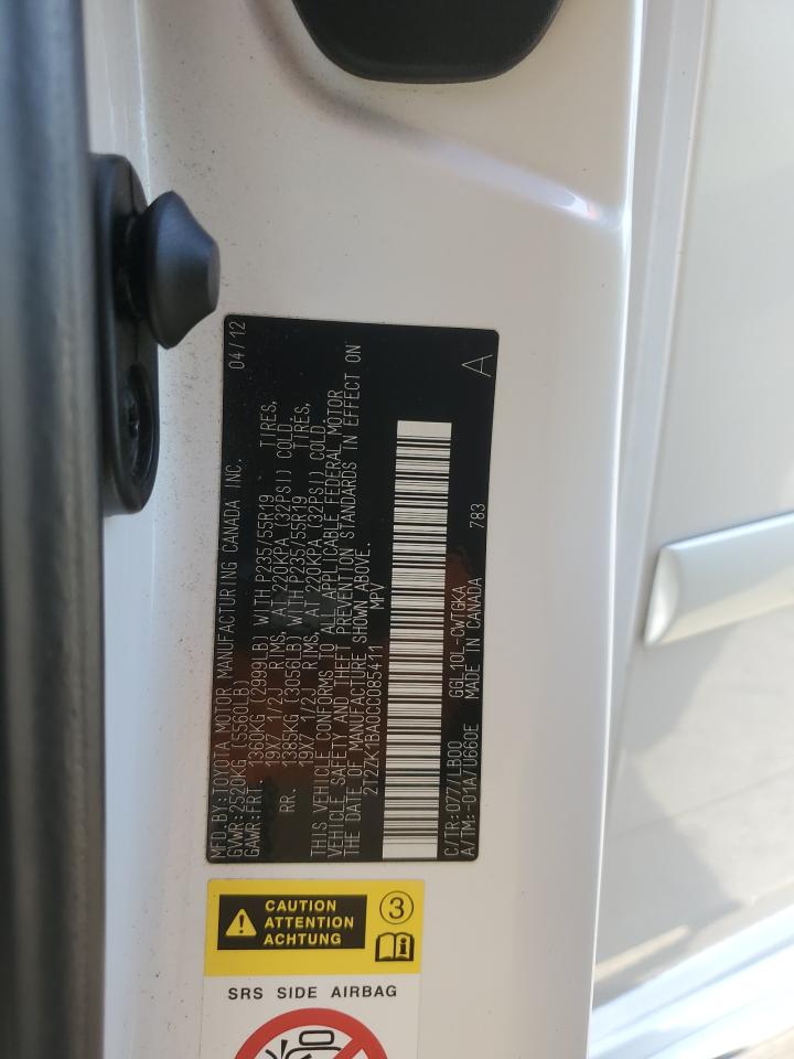 2012 Lexus Rx 350 VIN: 2T2ZK1BA0CC085411 Lot: 65963334