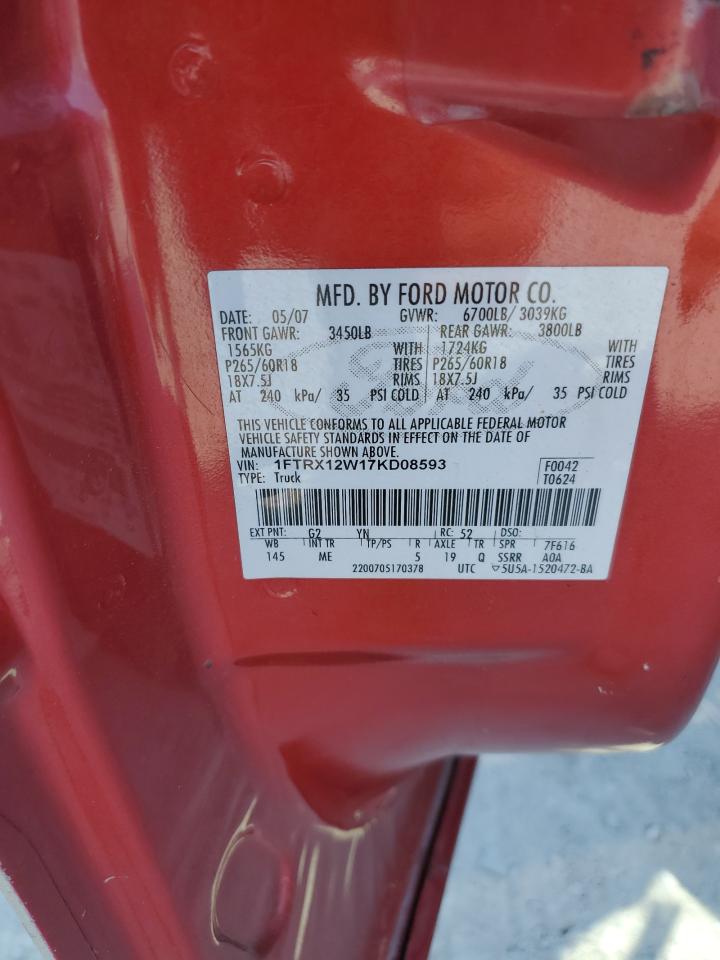 2007 Ford F150 VIN: 1FTRX12W17KD08593 Lot: 68522594