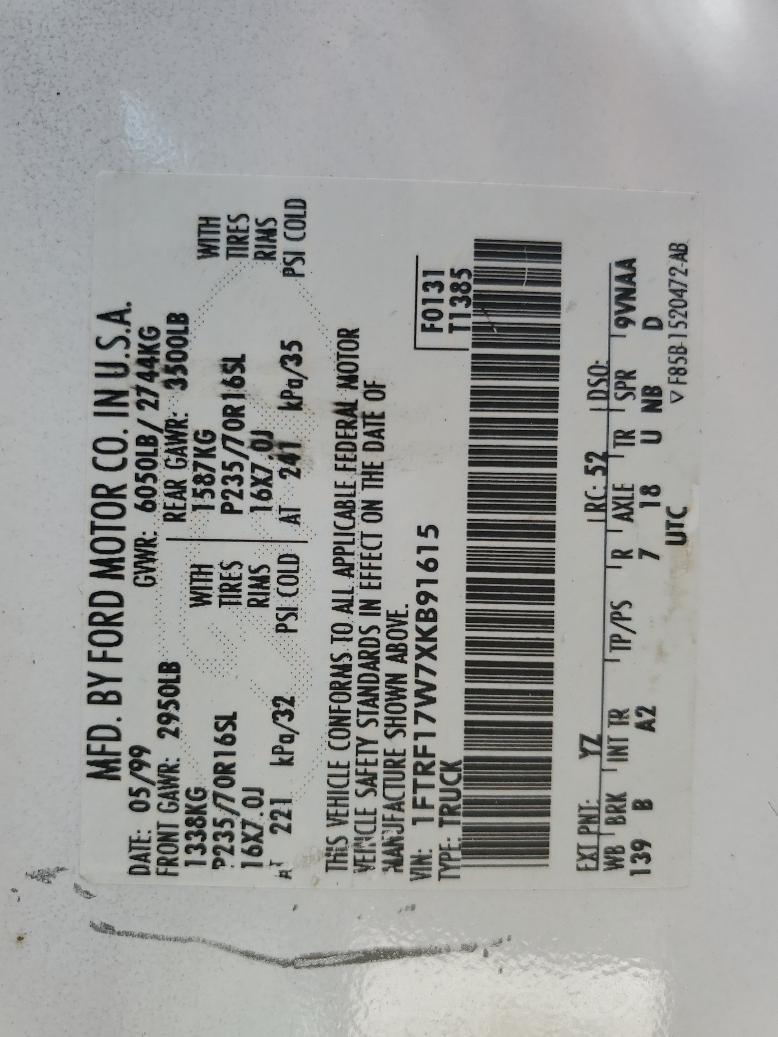 1FTRF17W7XKB91615 1999 Ford F150