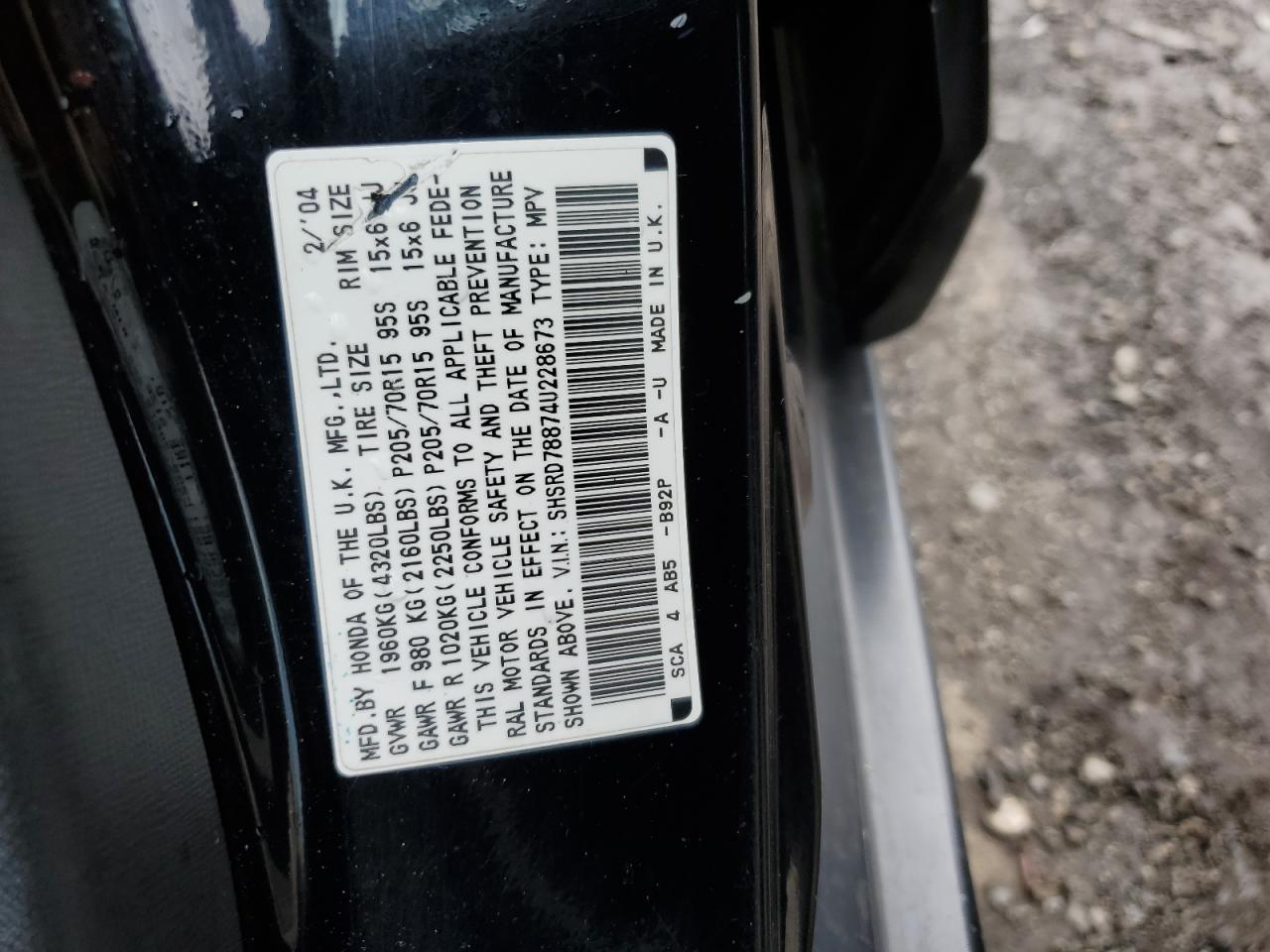 2004 Honda Cr-V Ex VIN: SHSRD78874U228673 Lot: 66665314