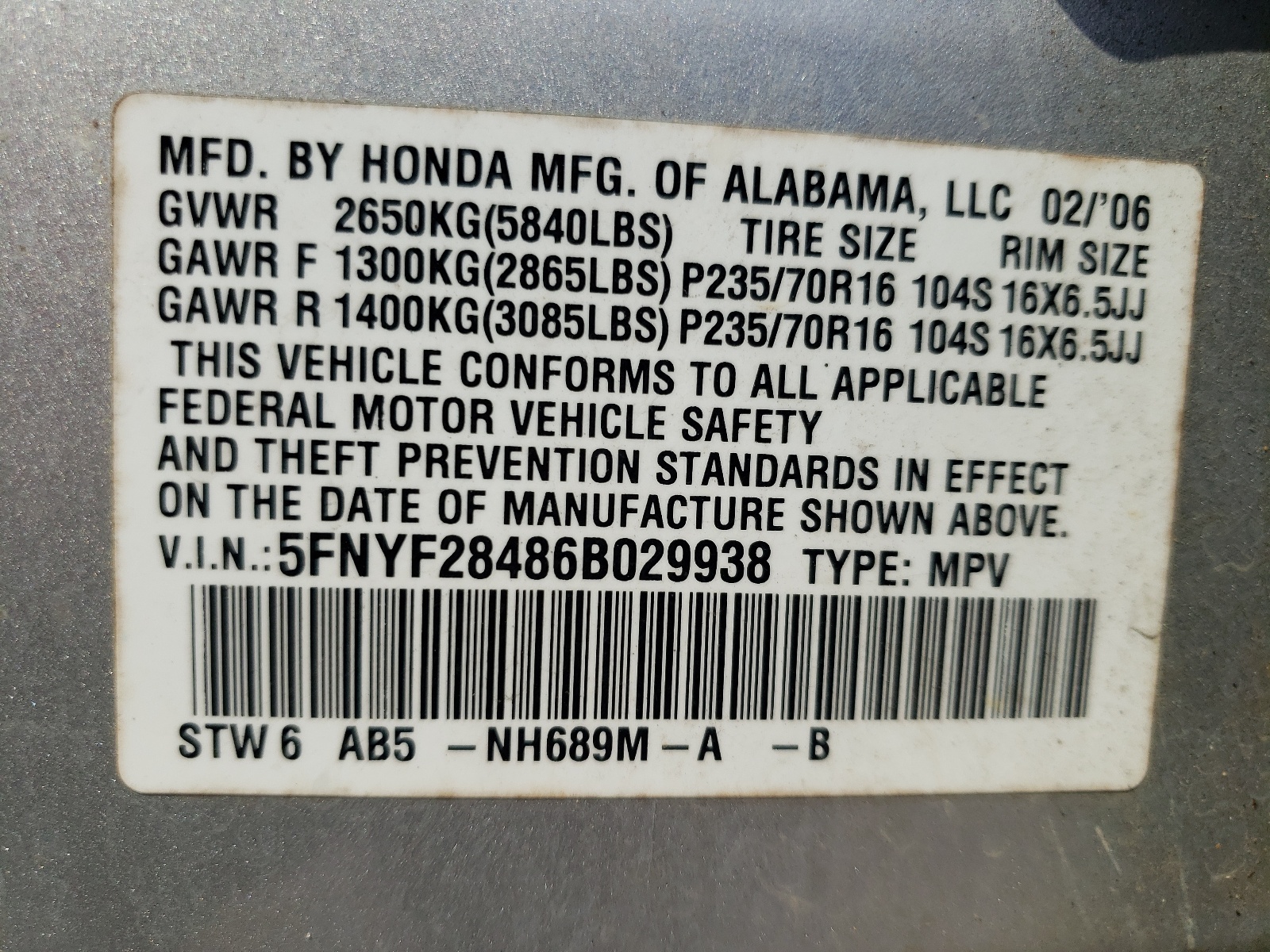 5FNYF28486B029938 2006 Honda Pilot Ex