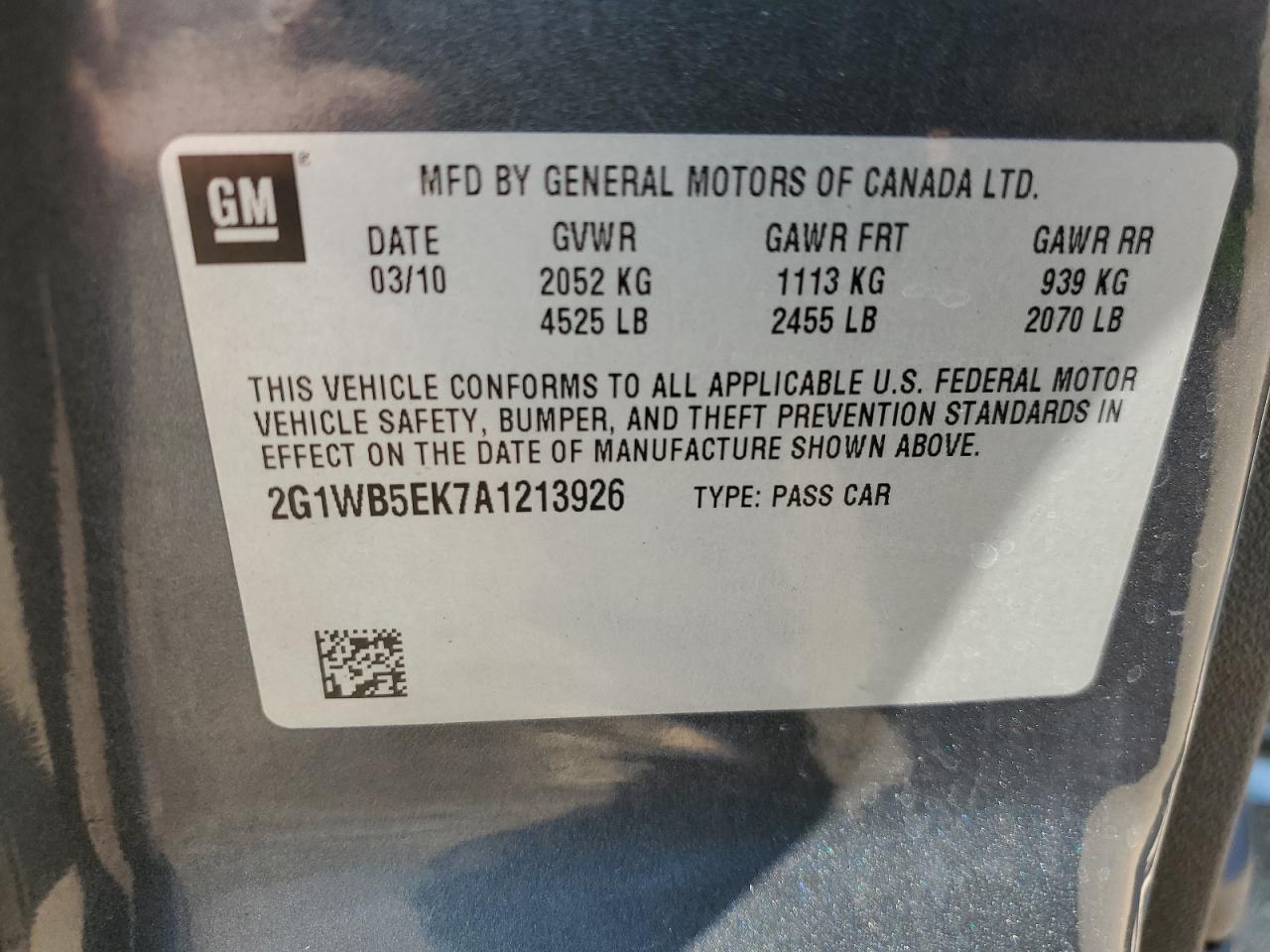 2010 Chevrolet Impala Lt VIN: 2G1WB5EK7A1213926 Lot: 66753094