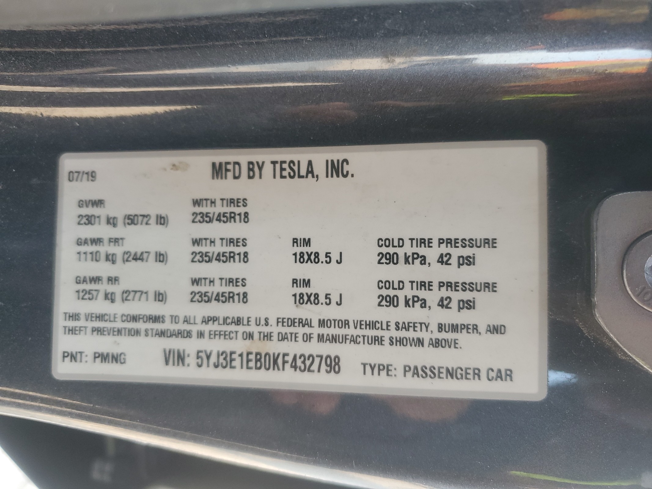 5YJ3E1EB0KF432798 2019 Tesla Model 3