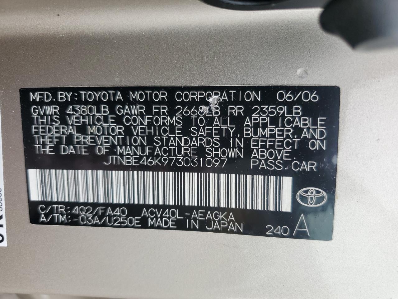 JTNBE46K973031097 2007 Toyota Camry Ce