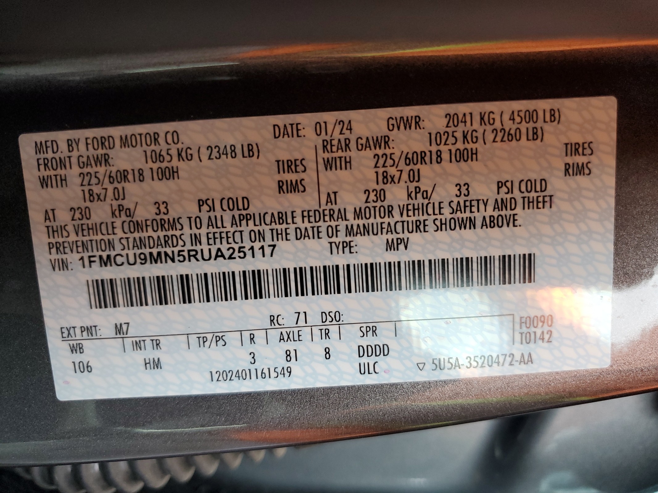 1FMCU9MN5RUA25117 2024 Ford Escape St Line