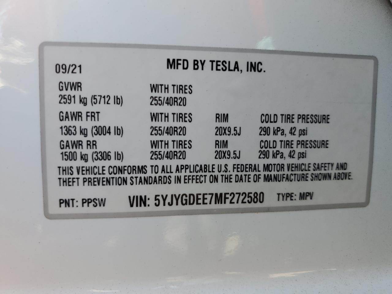 2021 Tesla Model Y VIN: 5YJYGDEE7MF272580 Lot: 66129604