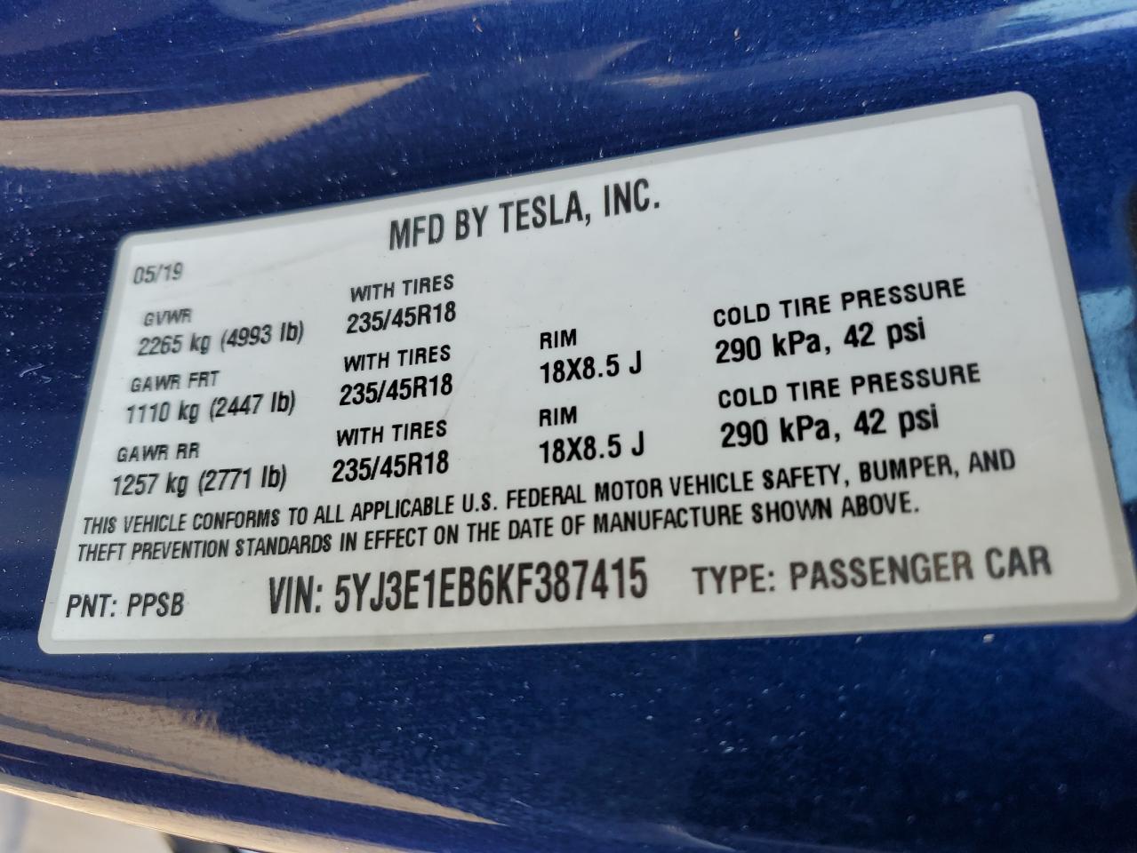 5YJ3E1EB6KF387415 2019 Tesla Model 3