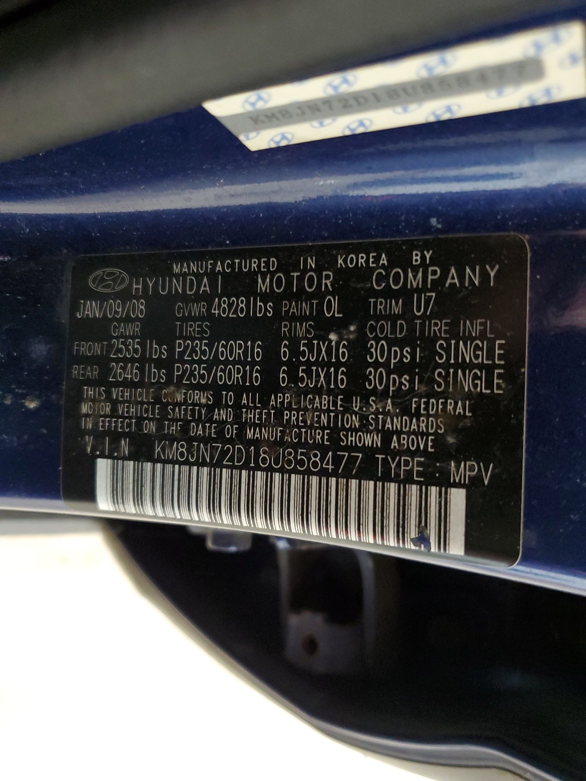 KM8JN72D18U858477 2008 Hyundai Tucson Se