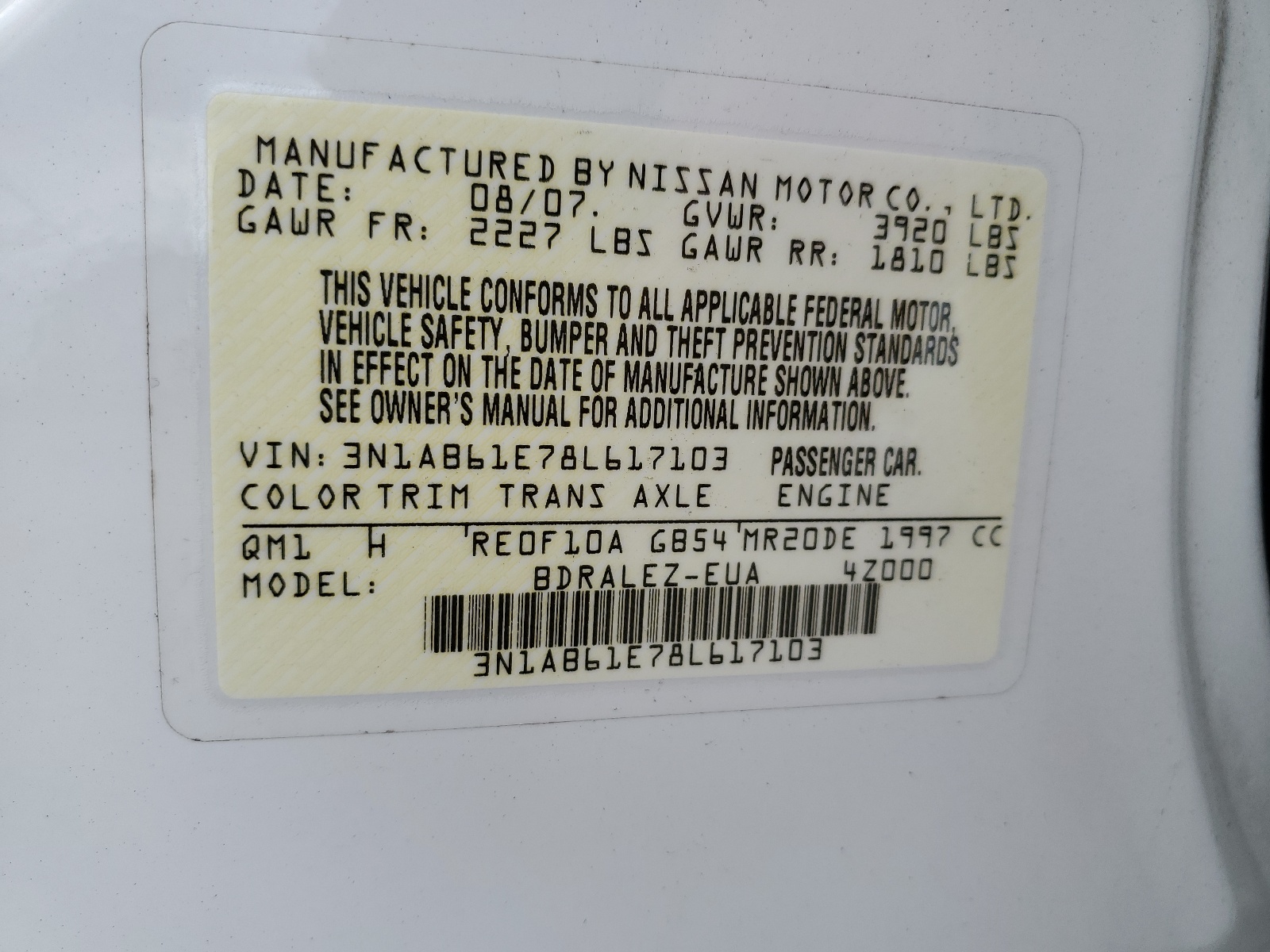 3N1AB61E78L617103 2008 Nissan Sentra 2.0