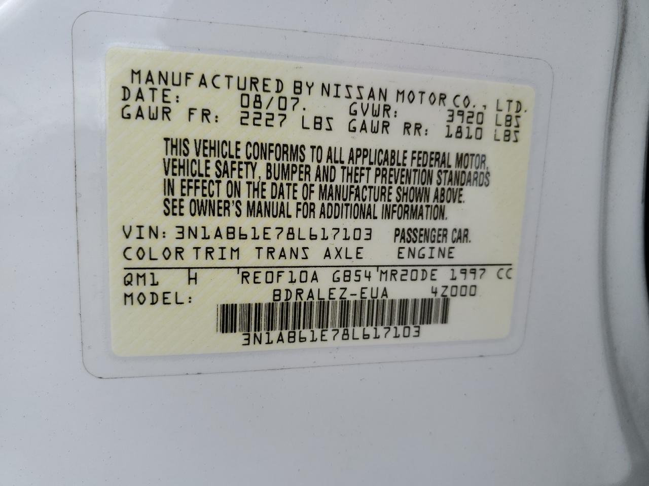 2008 Nissan Sentra 2.0 VIN: 3N1AB61E78L617103 Lot: 66992194