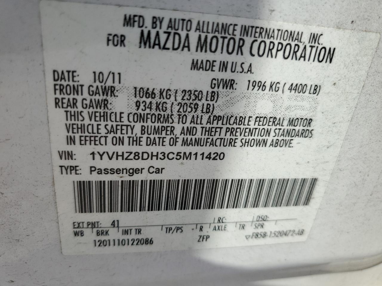 2012 Mazda 6 I VIN: 1YVHZ8DH3C5M11420 Lot: 67461544