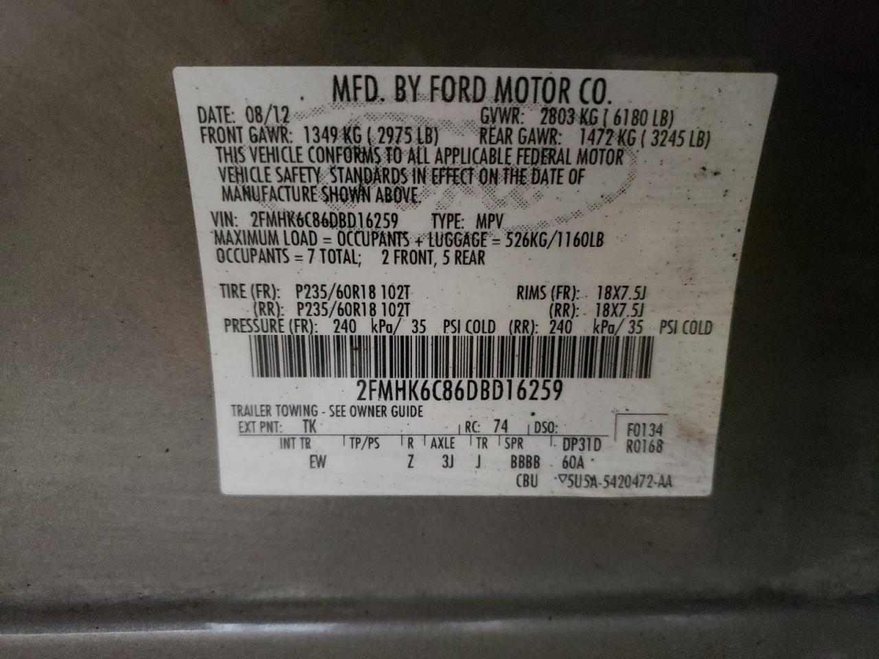 2013 Ford Flex Sel VIN: 2FMHK6C86DBD16259 Lot: 65152394