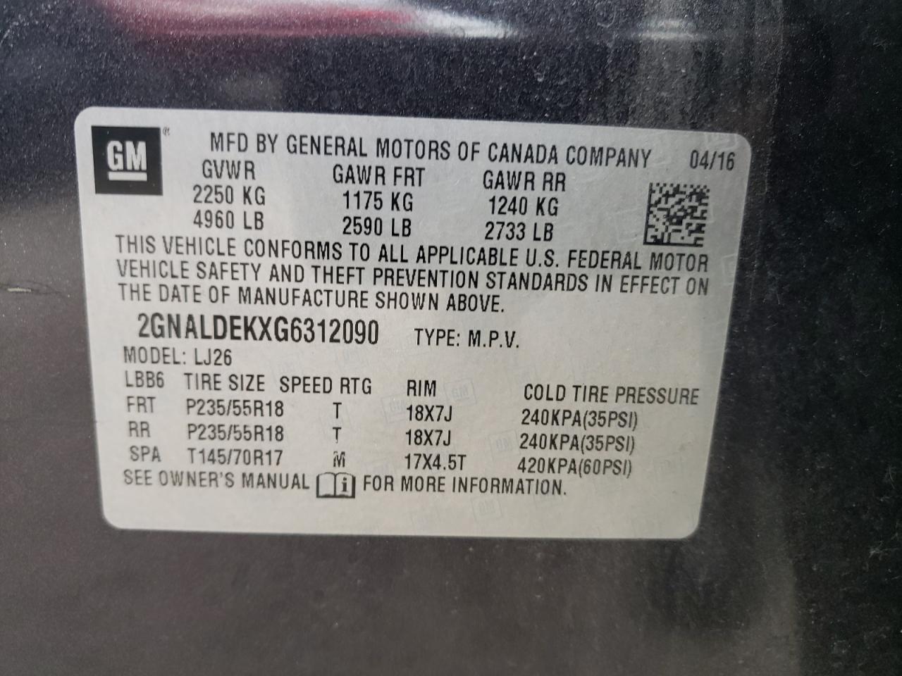 2GNALDEKXG6312090 2016 Chevrolet Equinox Ltz