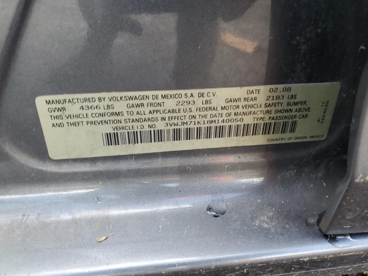 2008 Volkswagen Jetta S VIN: 3VWJM71K18M140050 Lot: 66703674