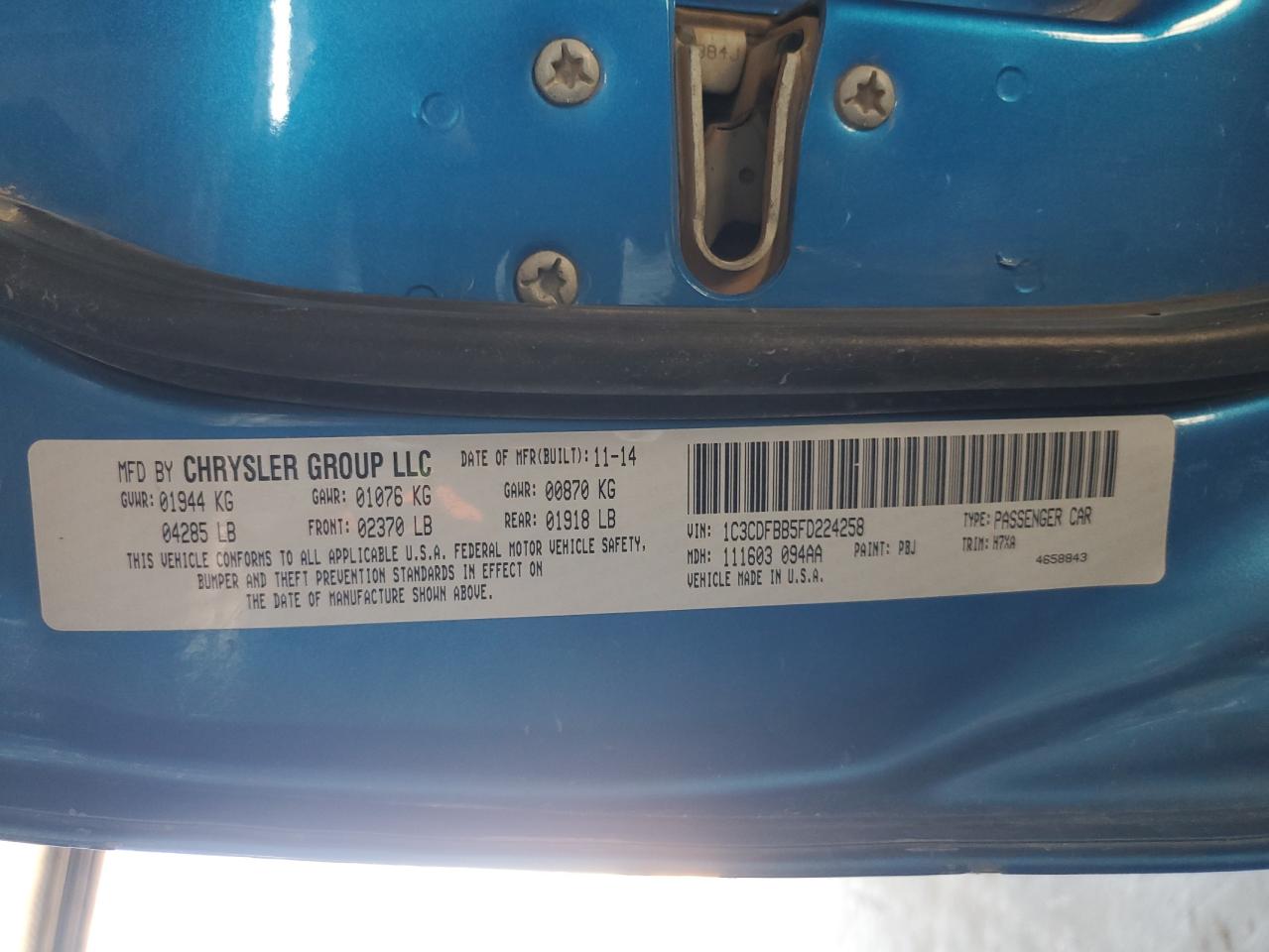 2015 Dodge Dart Sxt VIN: 1C3CDFBB5FD224258 Lot: 65479614