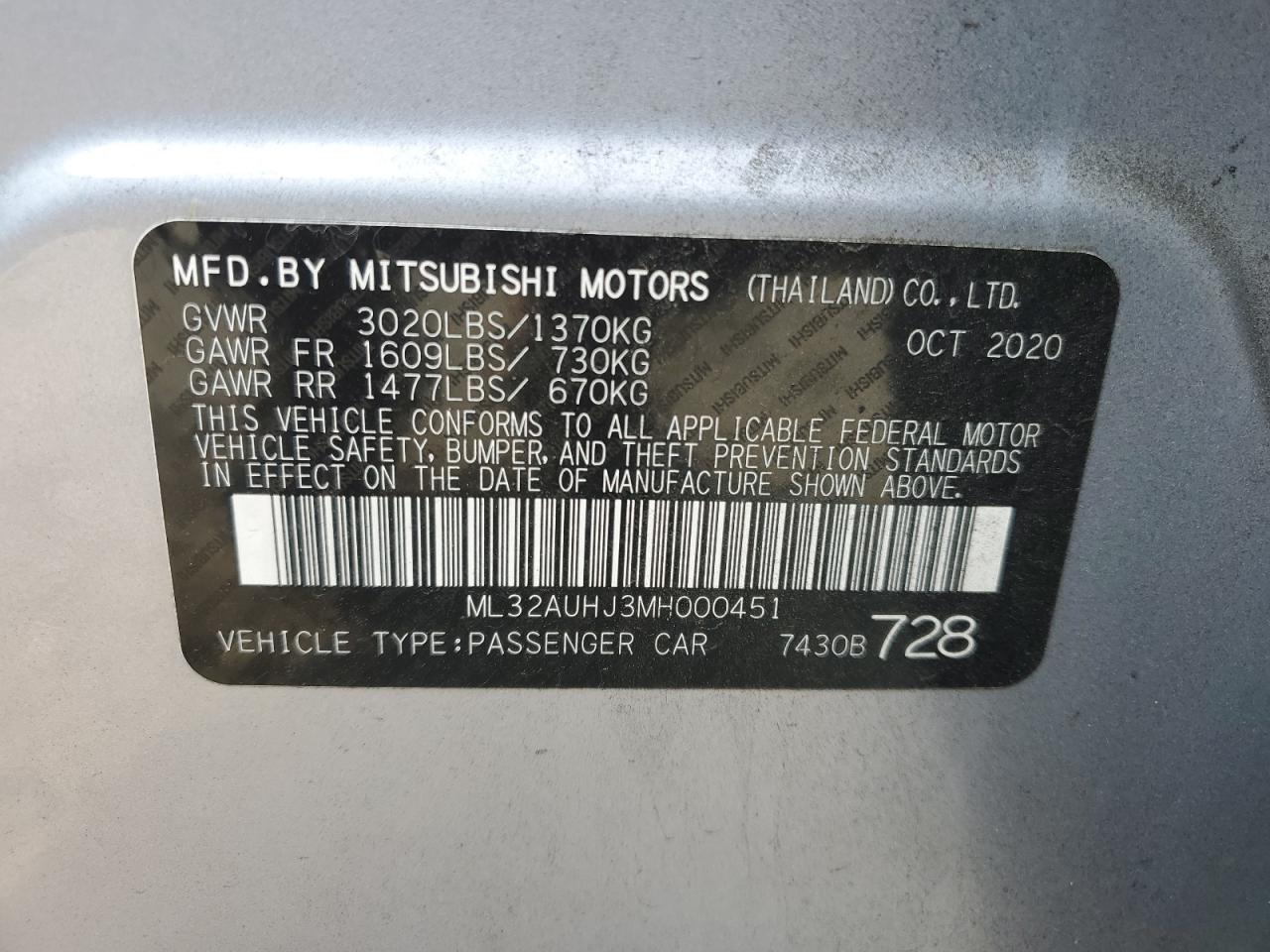 2021 Mitsubishi Mirage Es VIN: ML32AUHJ3MH000451 Lot: 67358244