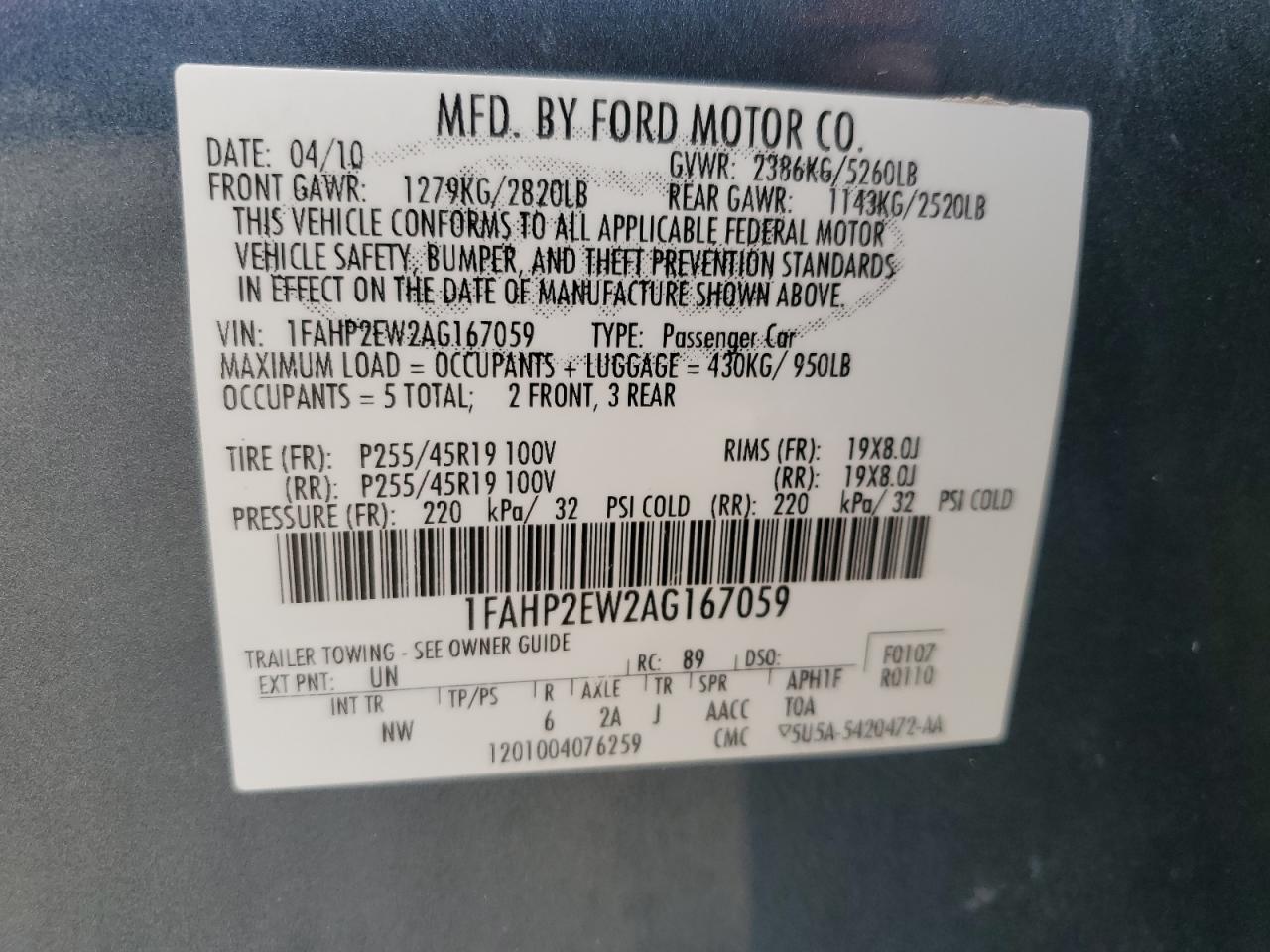 1FAHP2EW2AG167059 2010 Ford Taurus Sel