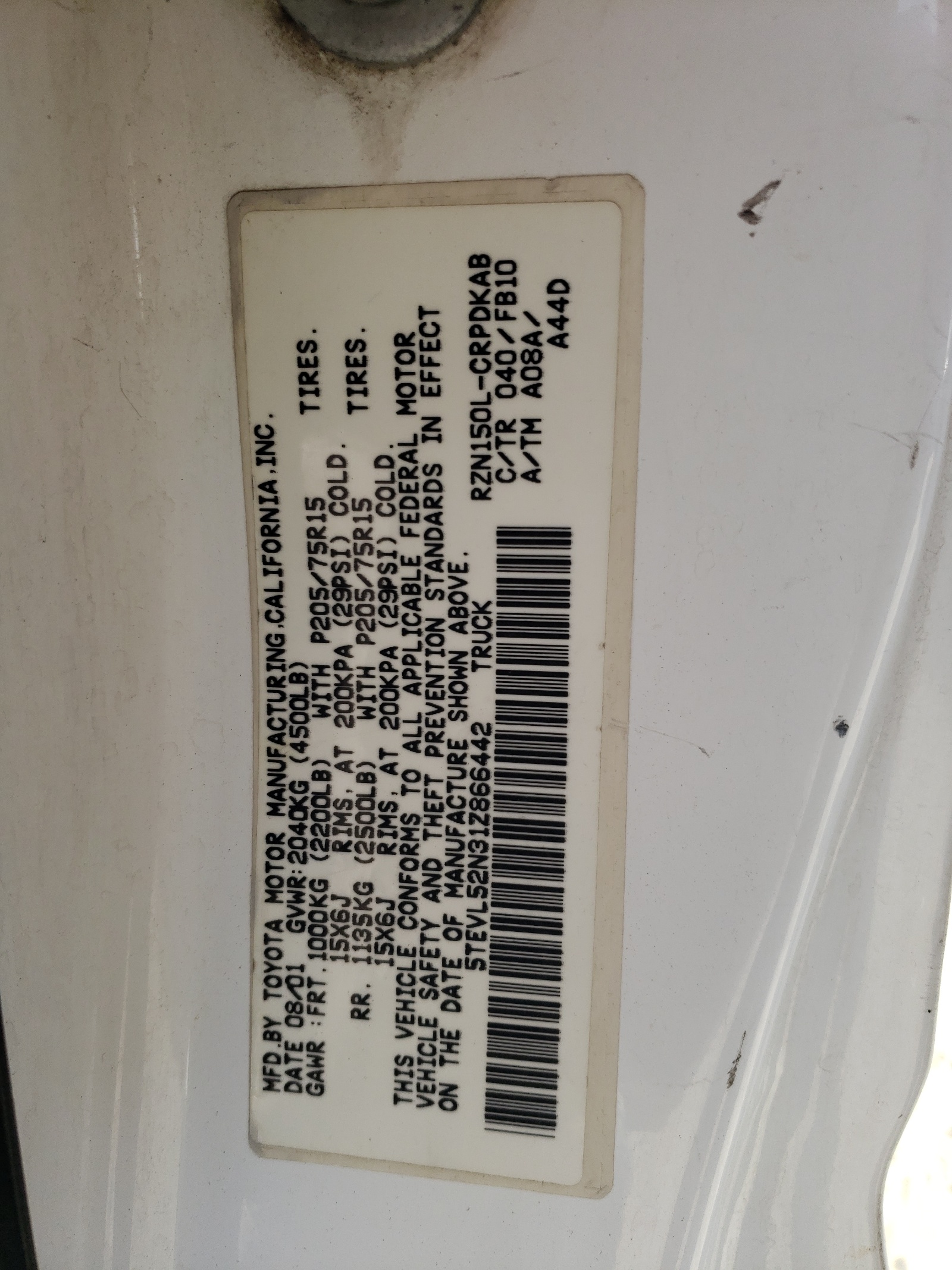 5TEVL52N31Z866442 2001 Toyota Tacoma Xtracab