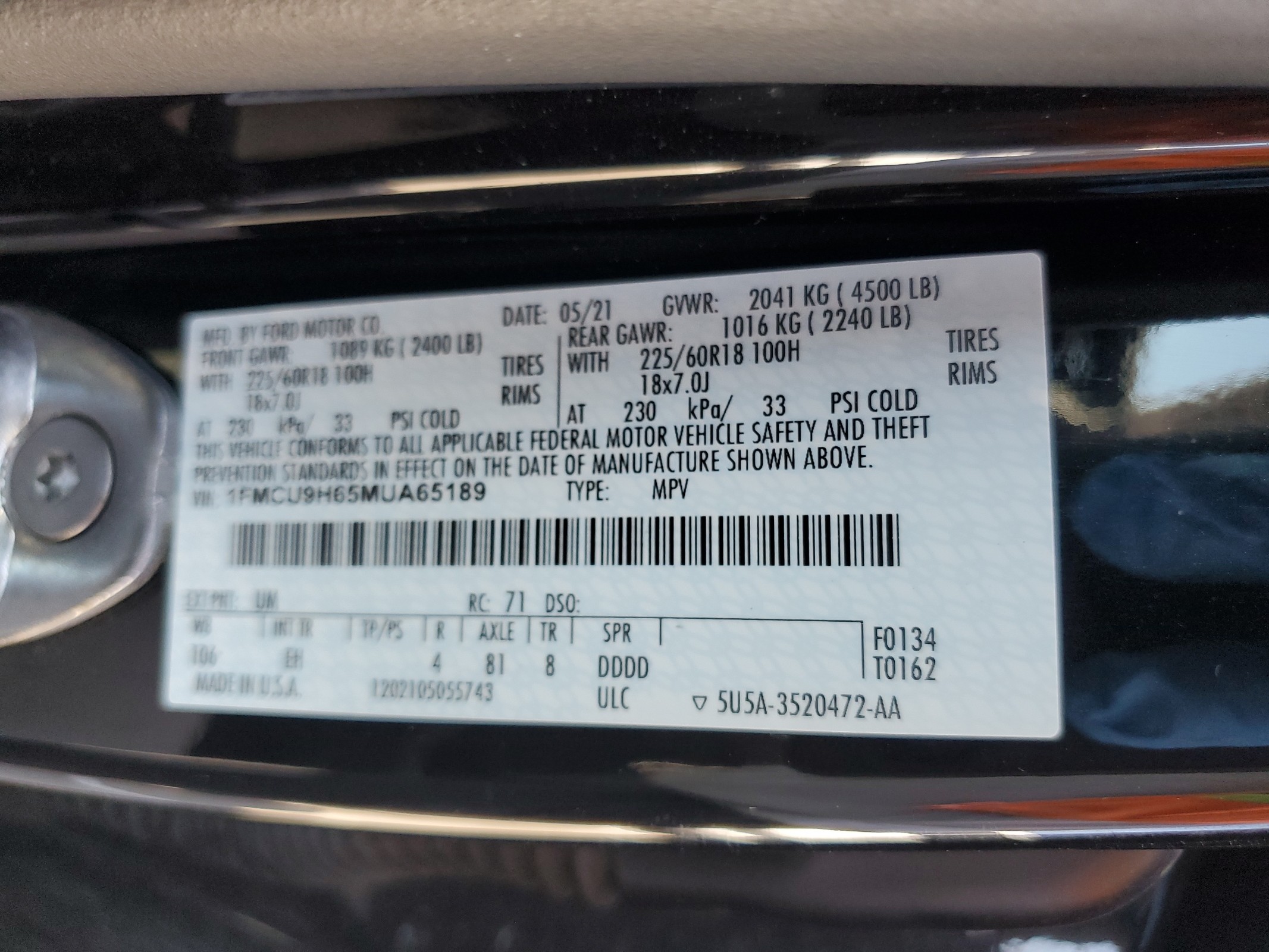 1FMCU9H65MUA65189 2021 Ford Escape Sel