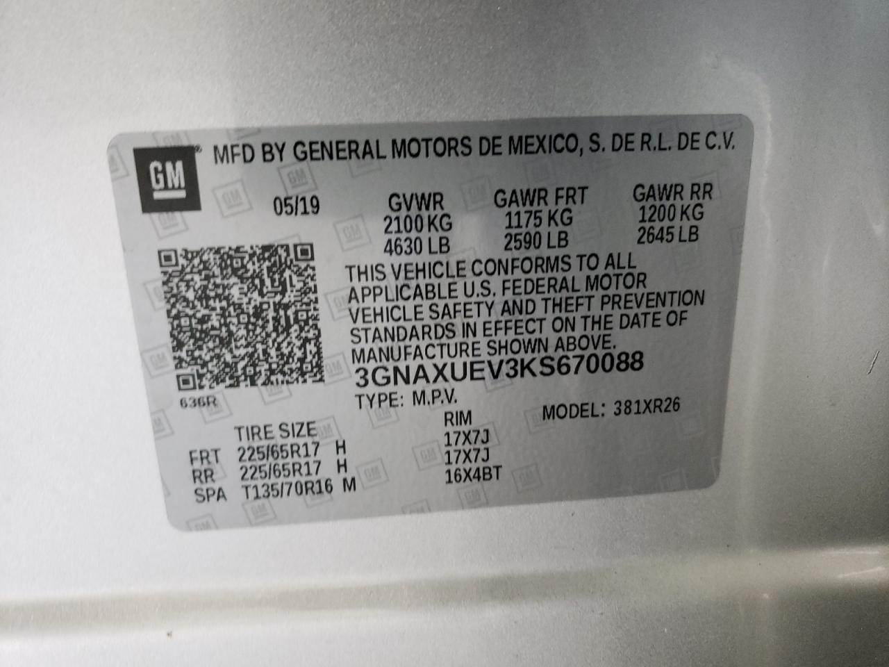 3GNAXUEV3KS670088 2019 Chevrolet Equinox Lt