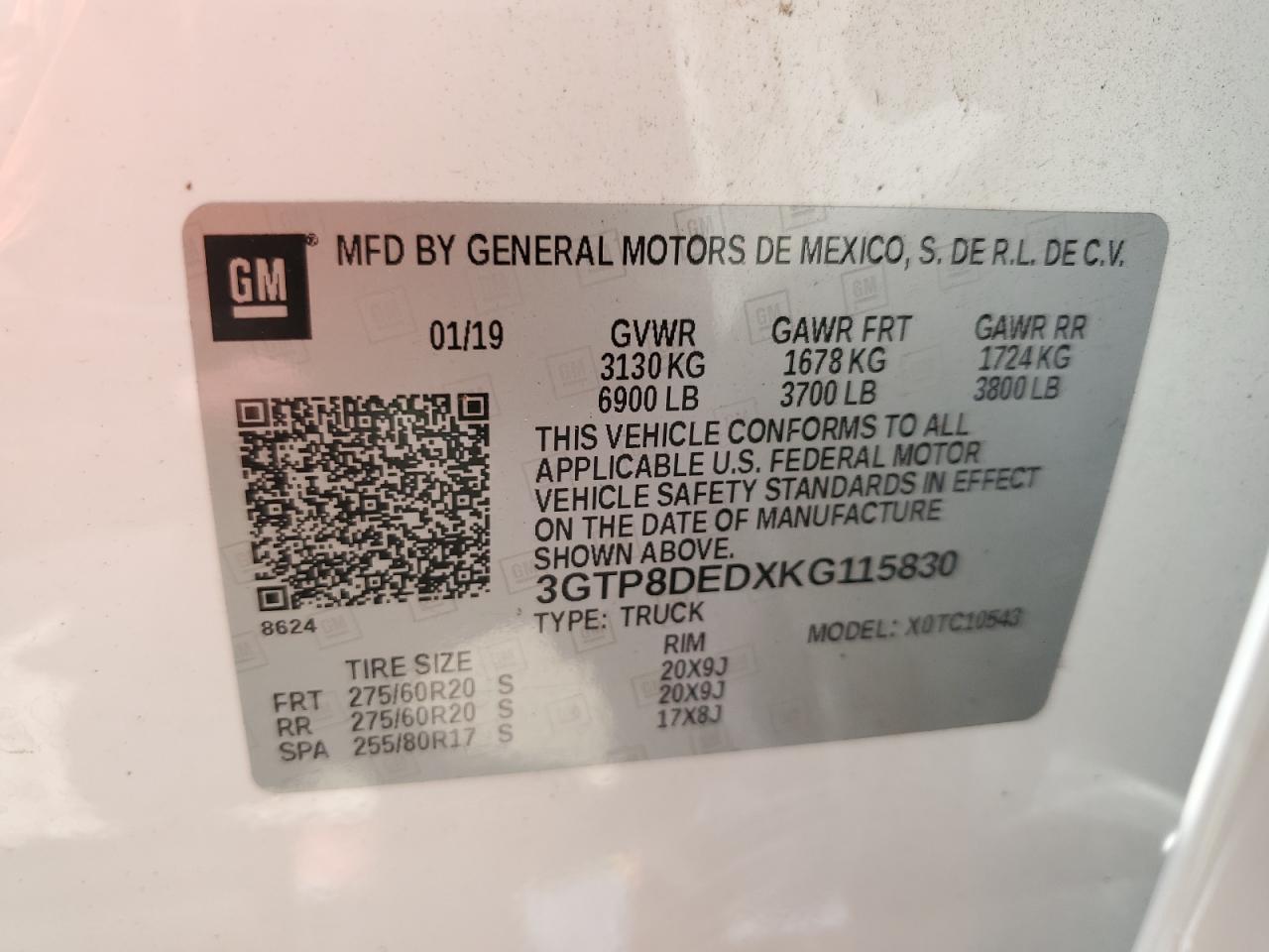 3GTP8DEDXKG115830 2019 GMC Sierra C1500 Slt