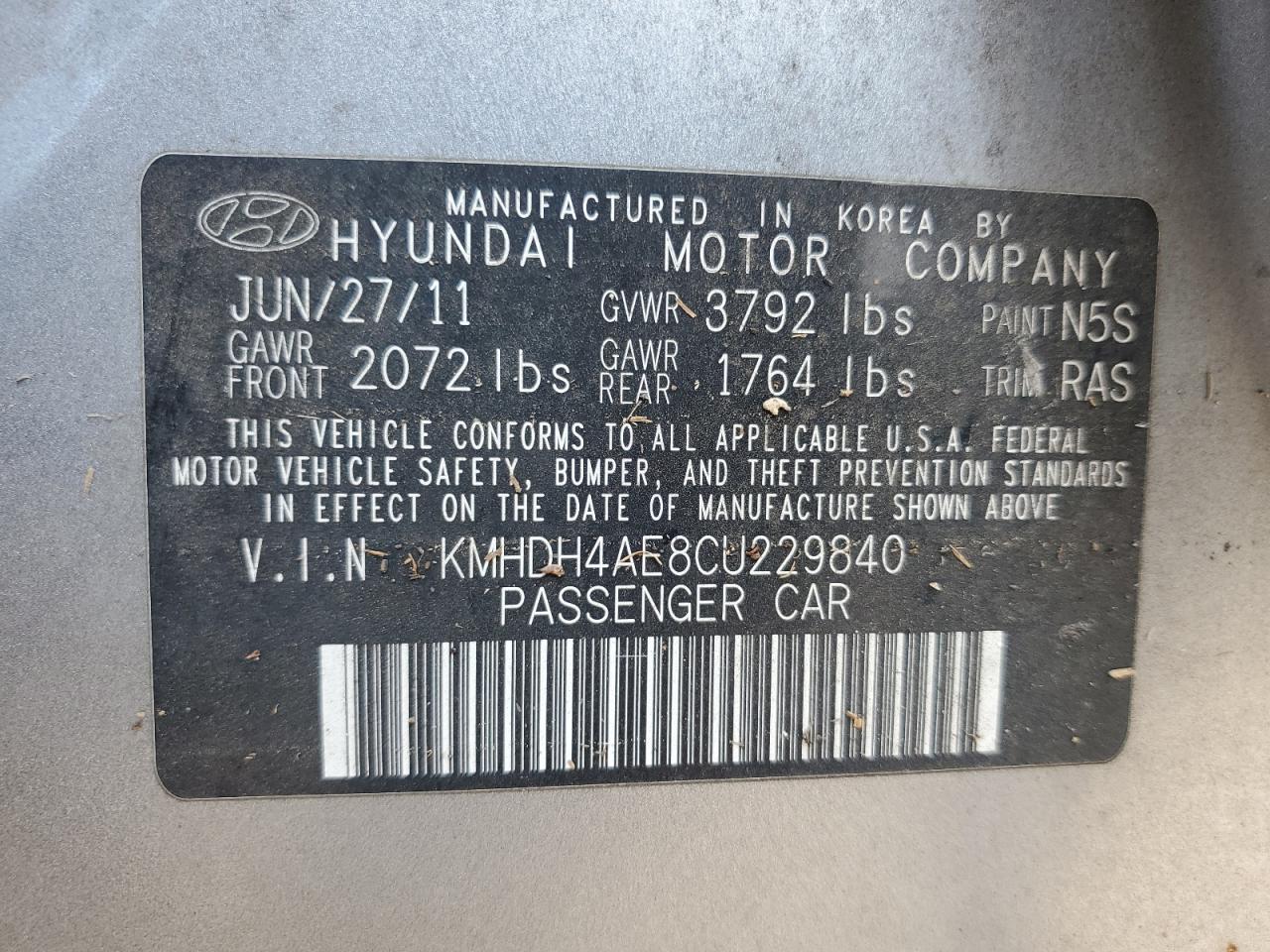 2012 Hyundai Elantra Gls VIN: KMHDH4AE8CU229840 Lot: 68851604