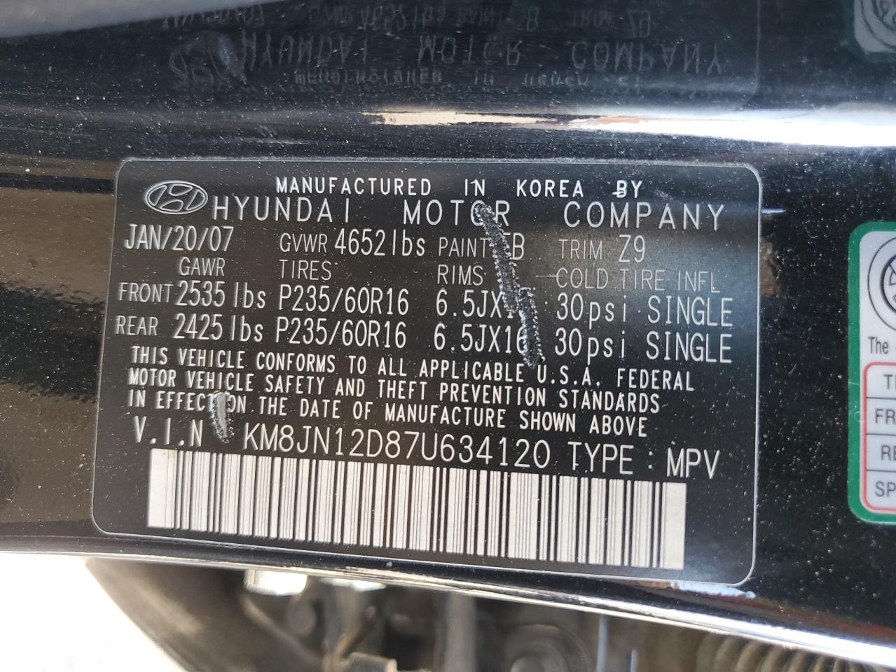 KM8JN12D87U634120 2007 Hyundai Tucson Se