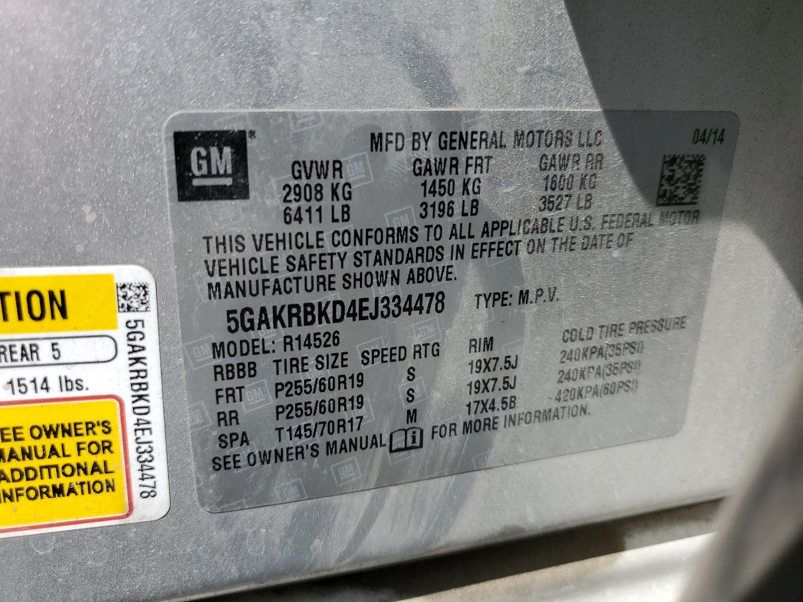 5GAKRBKD4EJ334478 2014 Buick Enclave