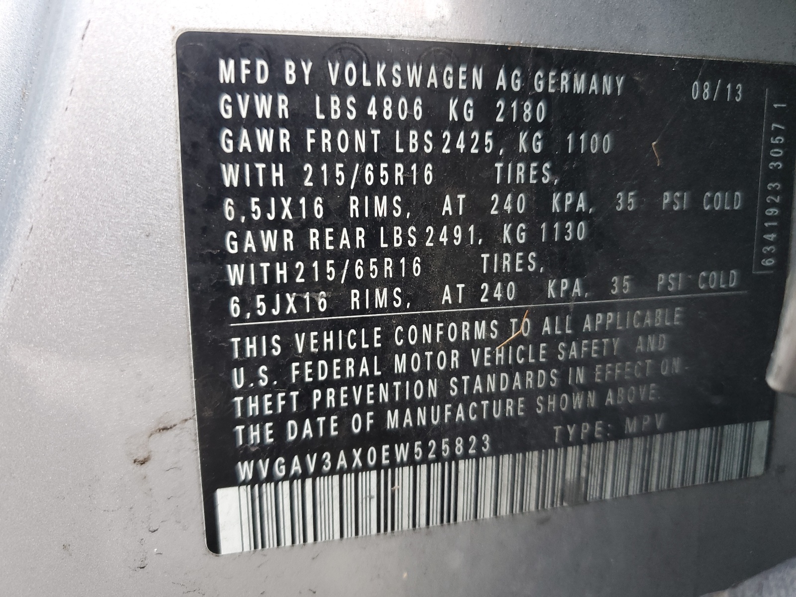 WVGAV3AX0EW525823 2014 Volkswagen Tiguan S