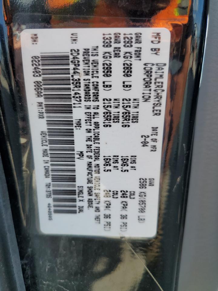 2005 Dodge Grand Caravan Sxt VIN: 2D4GP44L35R143711 Lot: 66012564