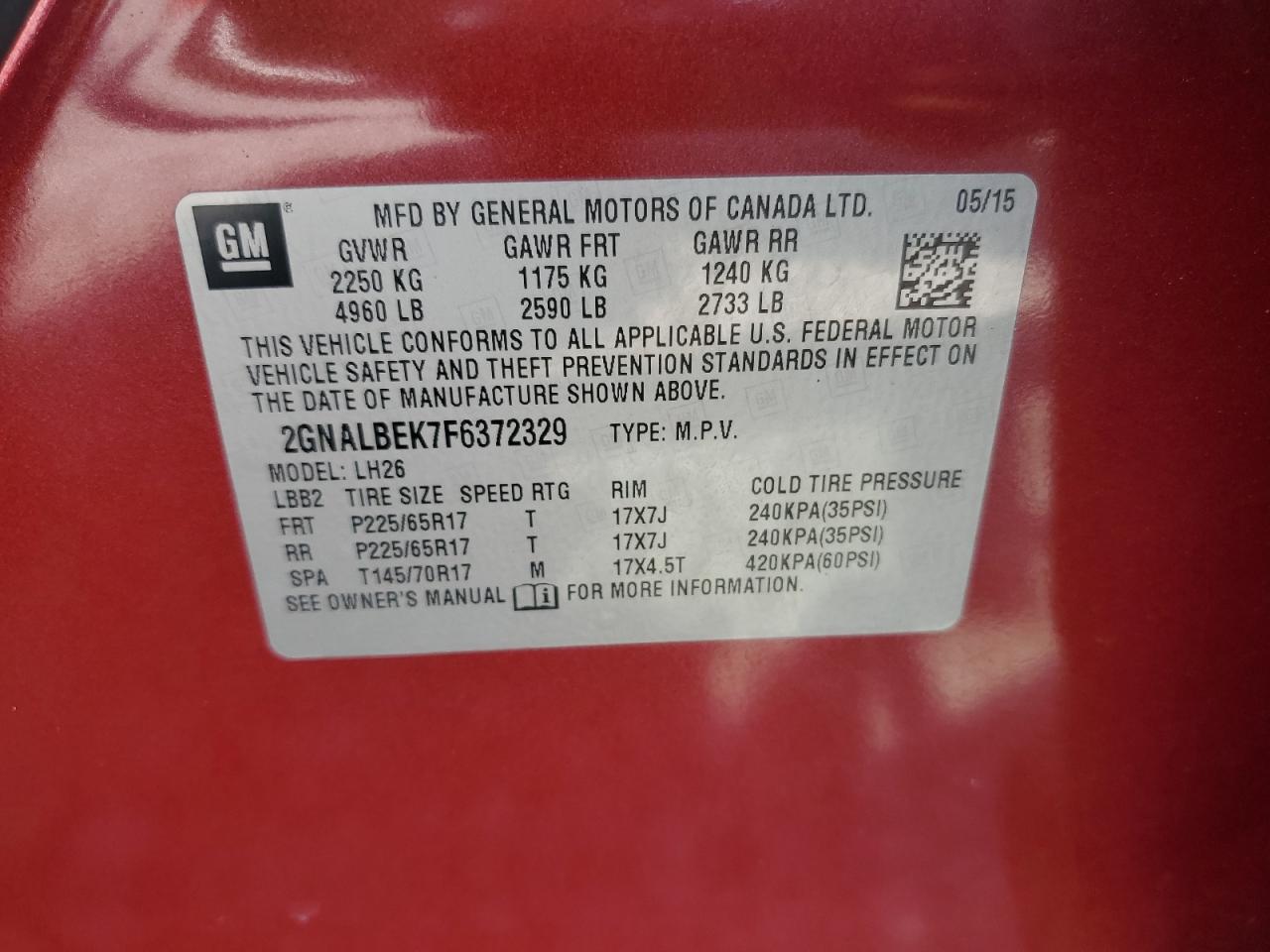 2GNALBEK7F6372329 2015 Chevrolet Equinox Lt