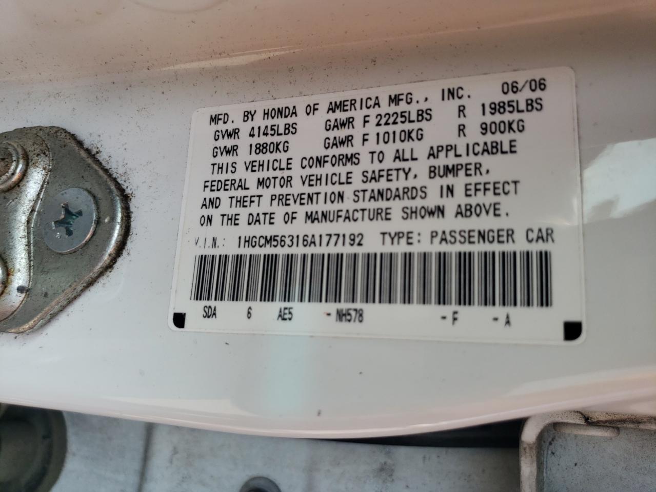 2006 Honda Accord Se VIN: 1HGCM56316A177192 Lot: 67462384