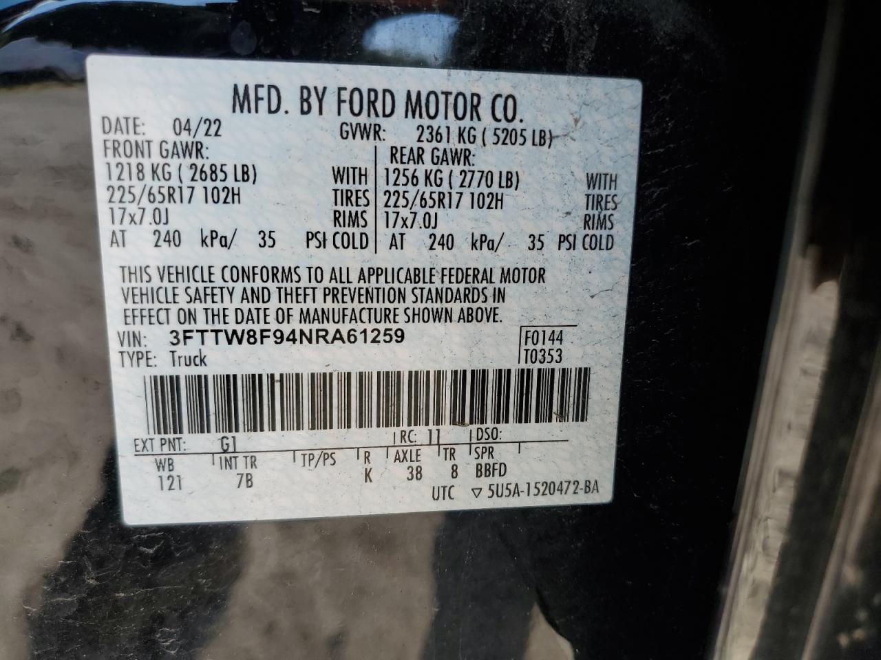 2022 Ford Maverick Xl VIN: 3FTTW8F94NRA61259 Lot: 68046764