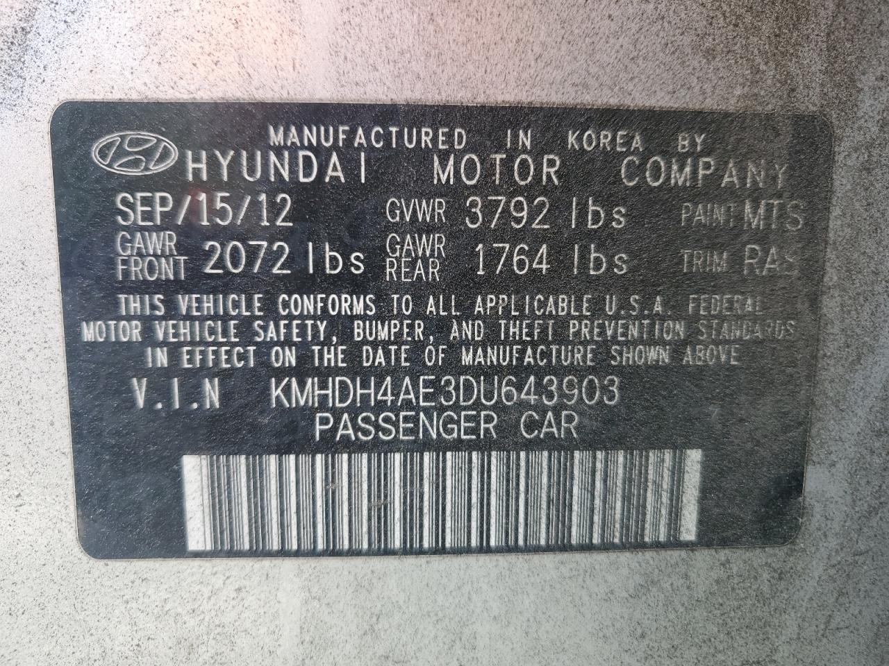 KMHDH4AE3DU643903 2013 Hyundai Elantra Gls