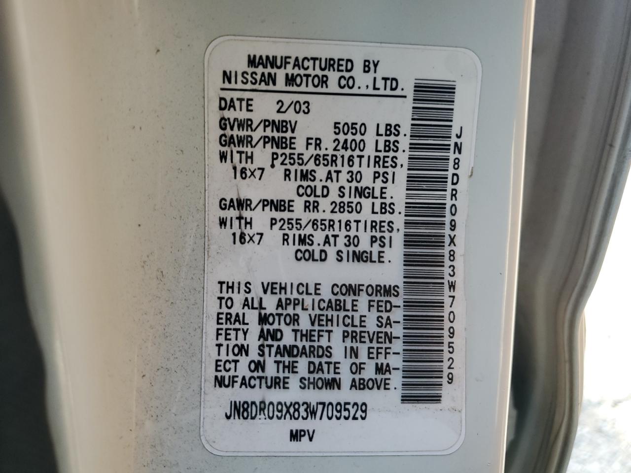 2003 Nissan Pathfinder Le VIN: JN8DR09X83W709529 Lot: 66553484