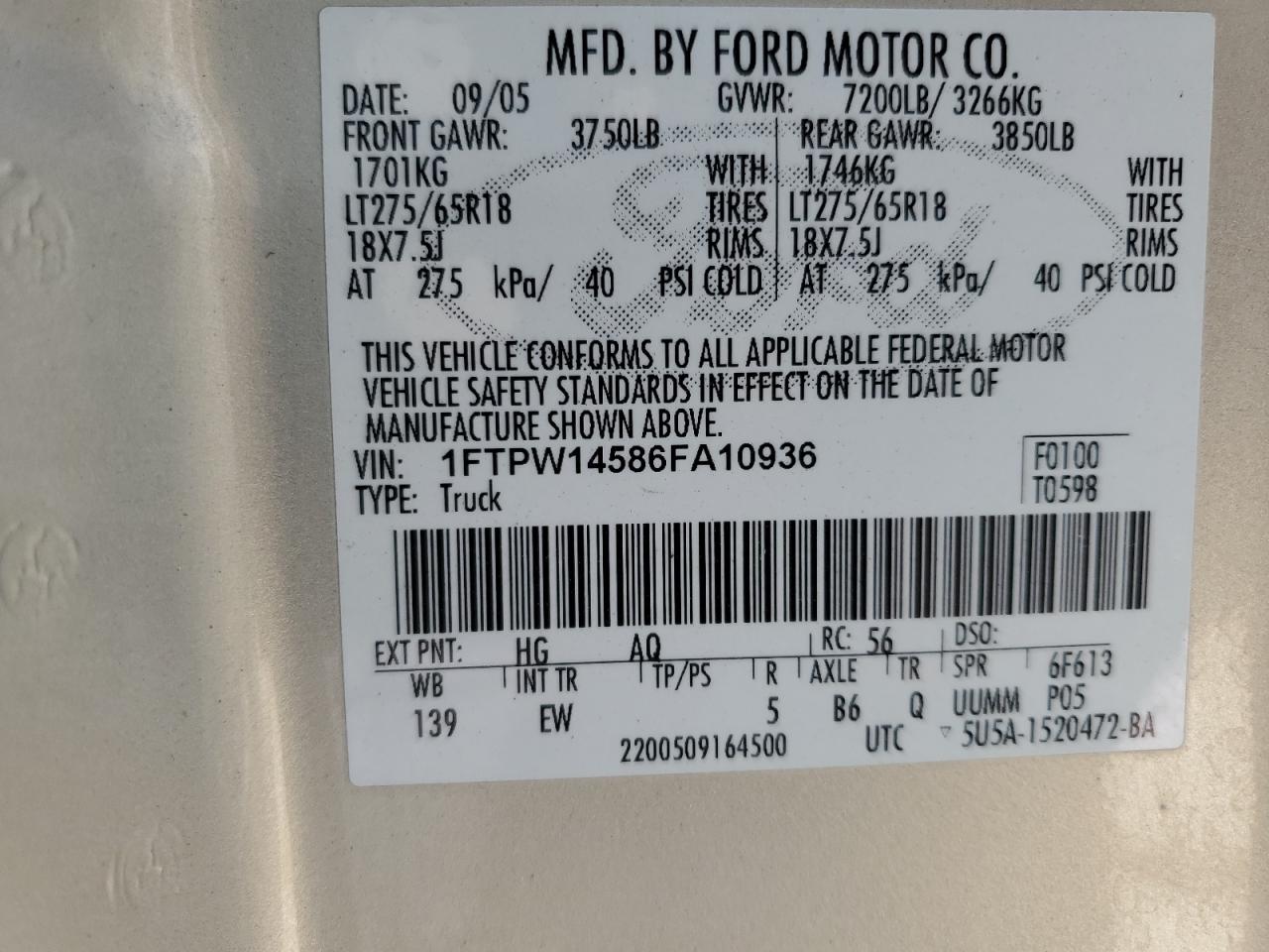 2006 Ford F150 Supercrew VIN: 1FTPW14586FA10936 Lot: 66318044