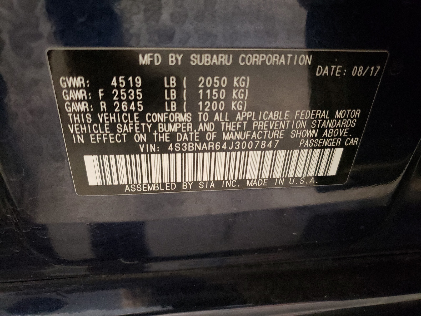 4S3BNAR64J3007847 2018 Subaru Legacy Sport