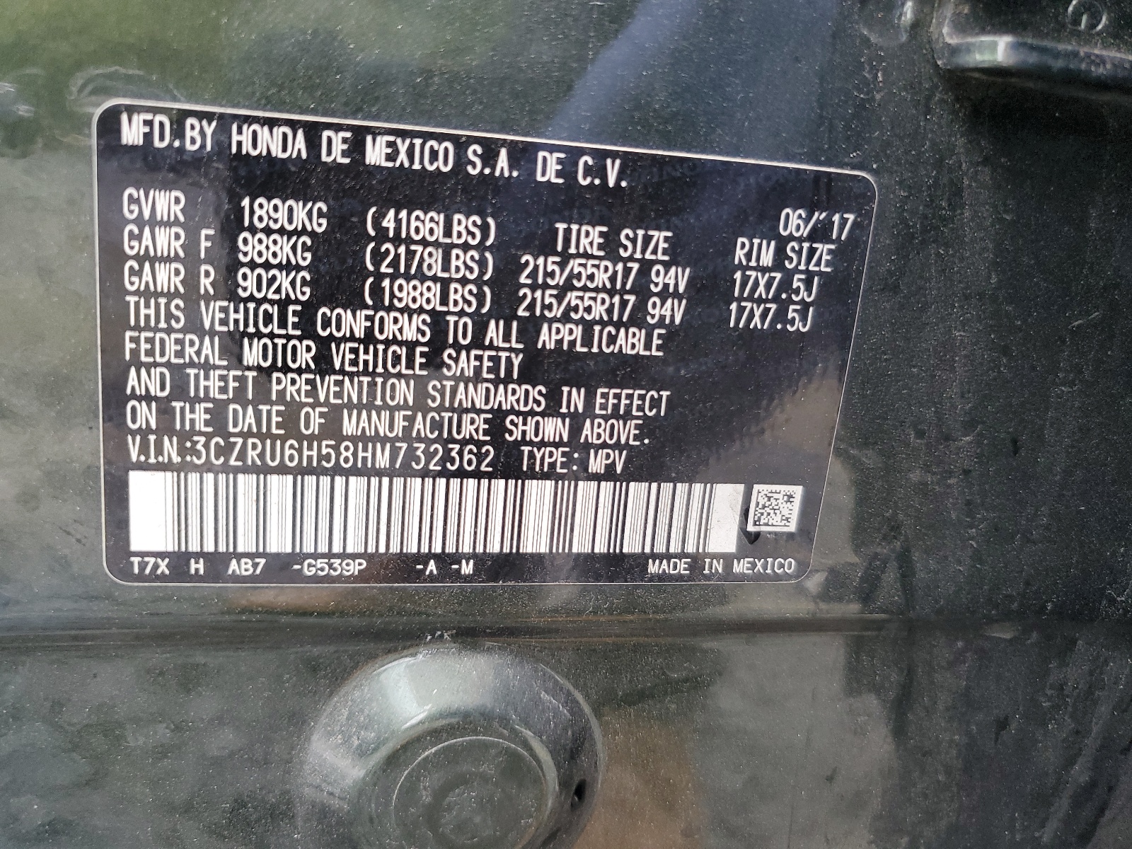 3CZRU6H58HM732362 2017 Honda Hr-V Ex