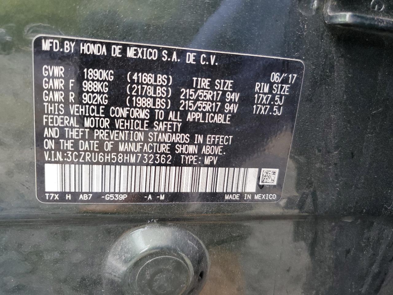 2017 Honda Hr-V Ex VIN: 3CZRU6H58HM732362 Lot: 66900244