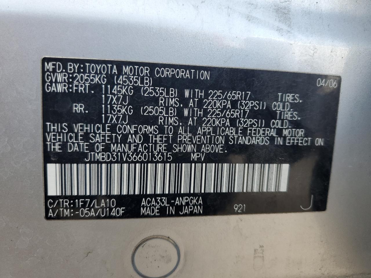 JTMBD31V366013615 2006 Toyota Rav4 Limited JTMBD31V366013615 2006 Toyota Rav4 Limited