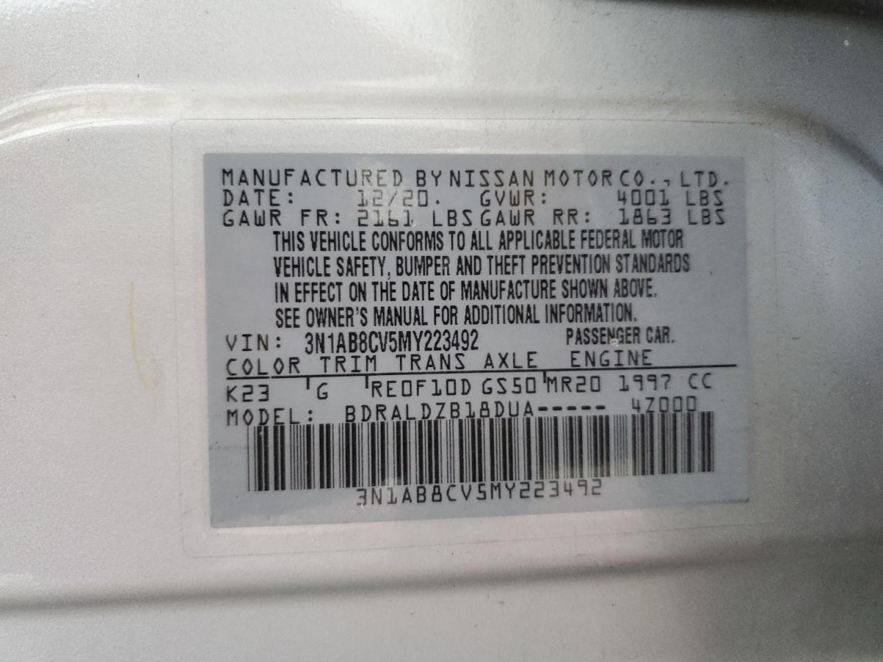 3N1AB8CV5MY223492 2021 Nissan Sentra Sv