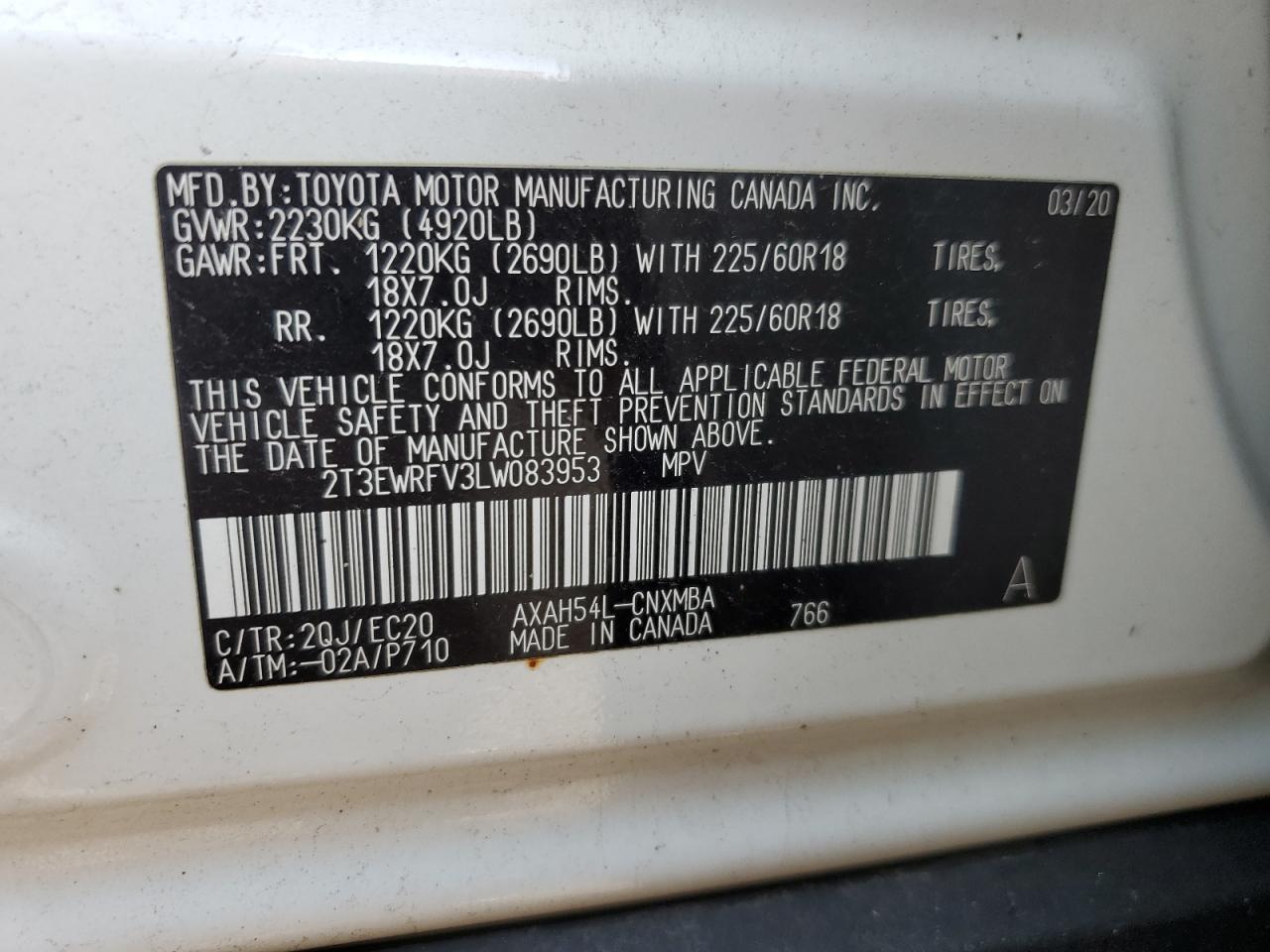 2T3EWRFV3LW083953 2020 Toyota Rav4 Xse