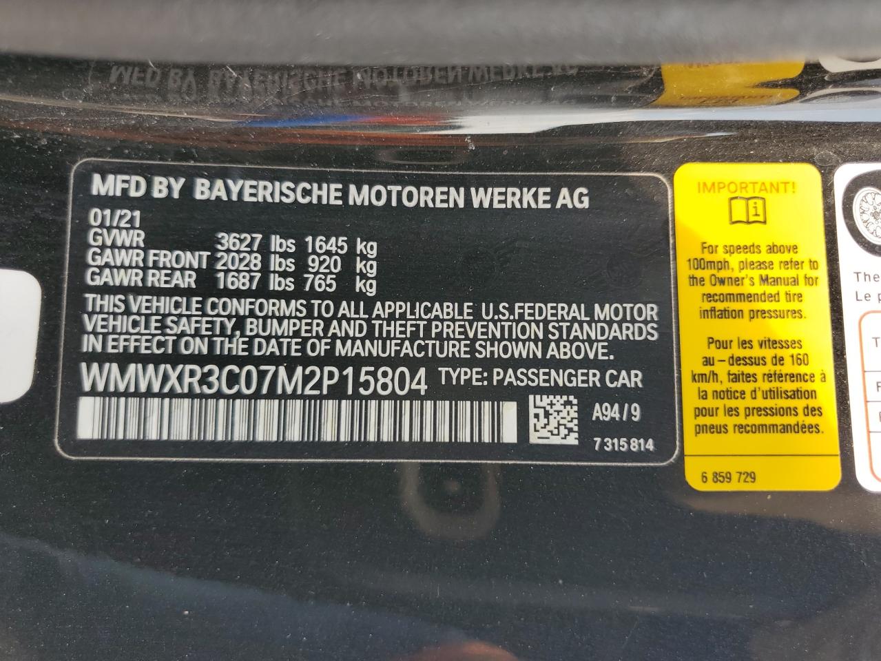 2021 Mini Cooper VIN: WMWXR3C07M2P15804 Lot: 67088344