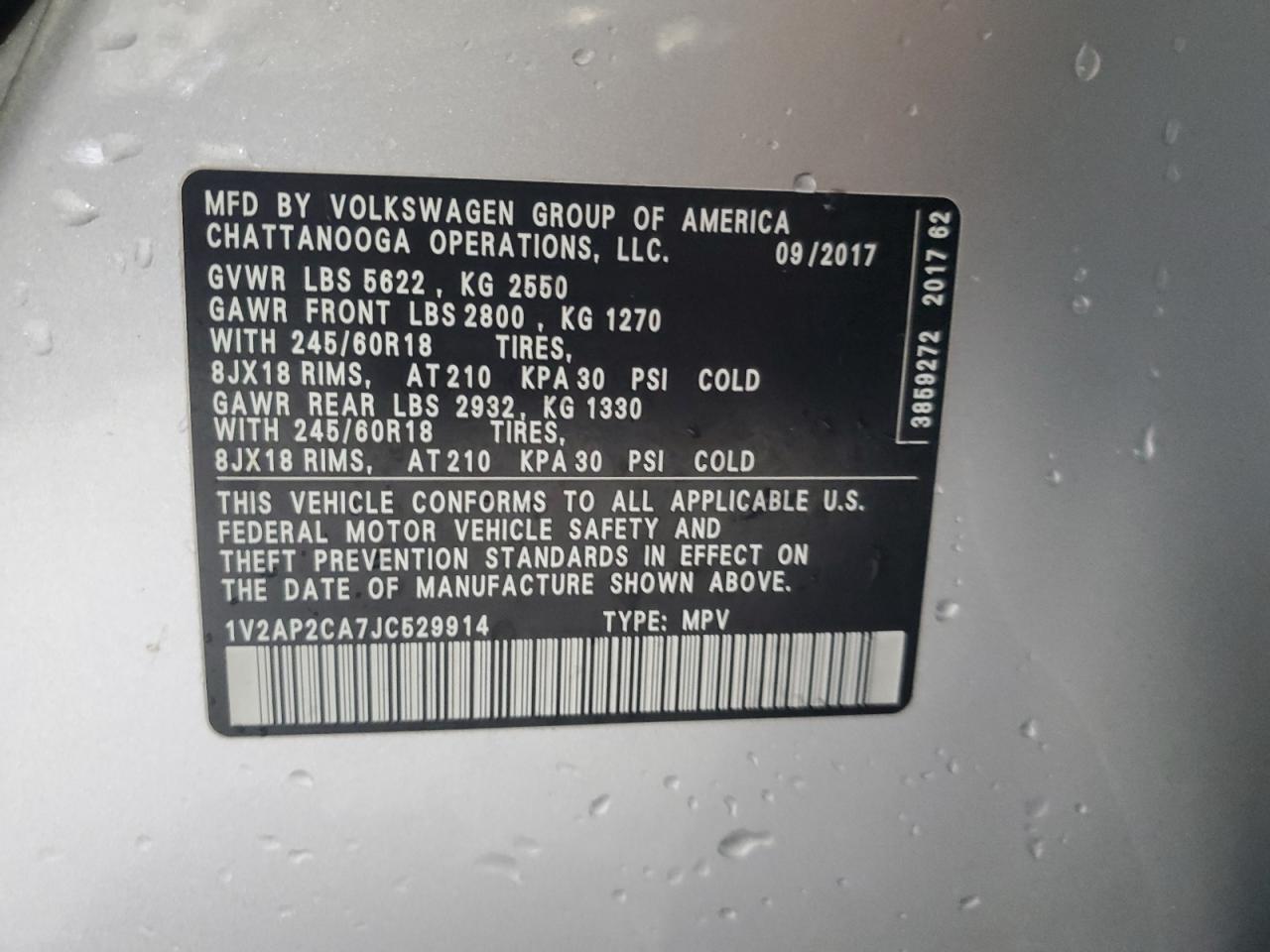 2018 Volkswagen Atlas S VIN: 1V2AP2CA7JC529914 Lot: 65988054