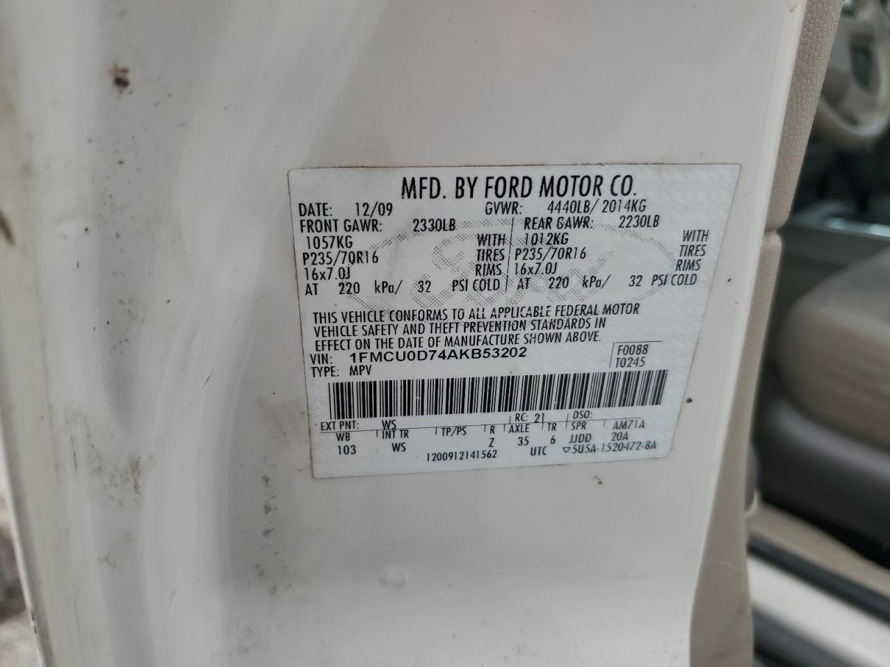 2010 Ford Escape Xlt VIN: 1FMCU0D74AKB53202 Lot: 67743134