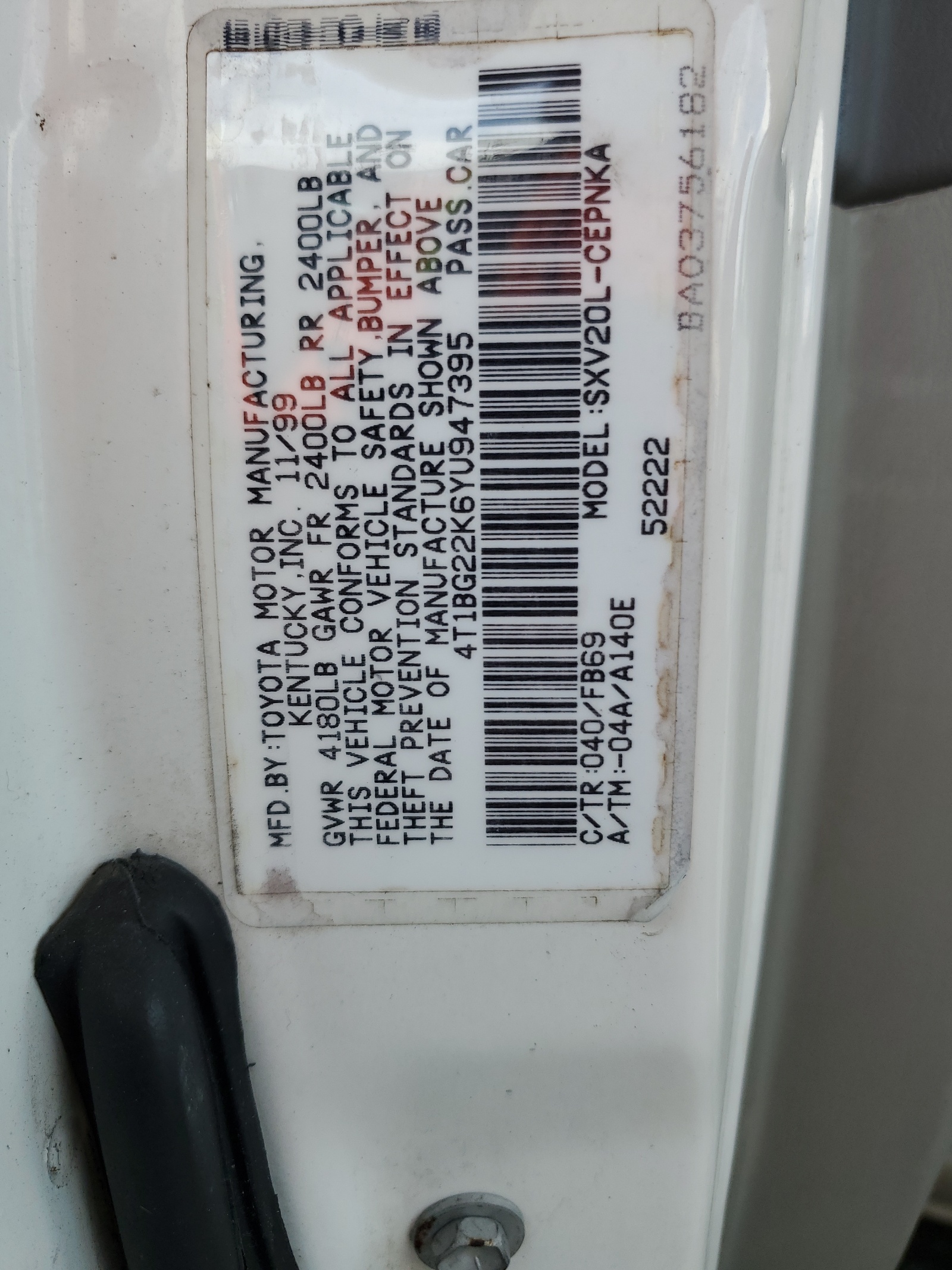 4T1BG22K6YU947395 2000 Toyota Camry Ce