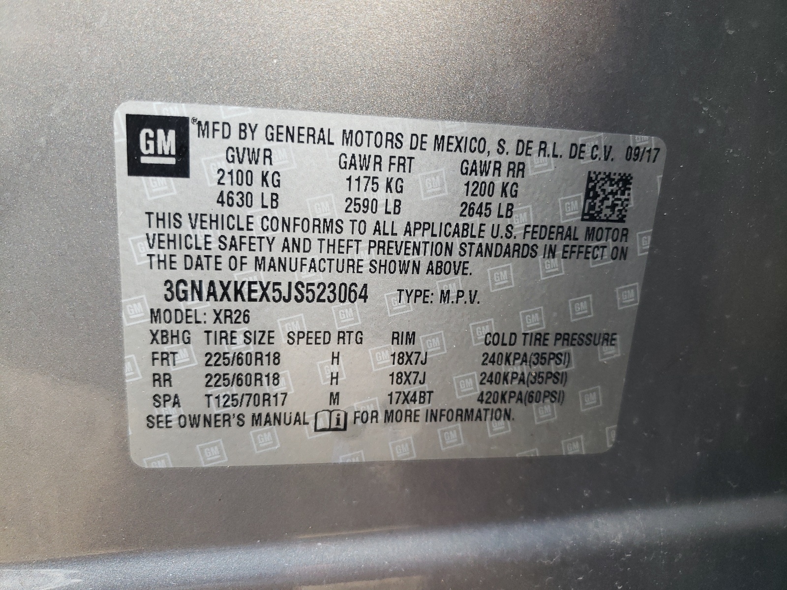 3GNAXKEX5JS523064 2018 Chevrolet Equinox Lt